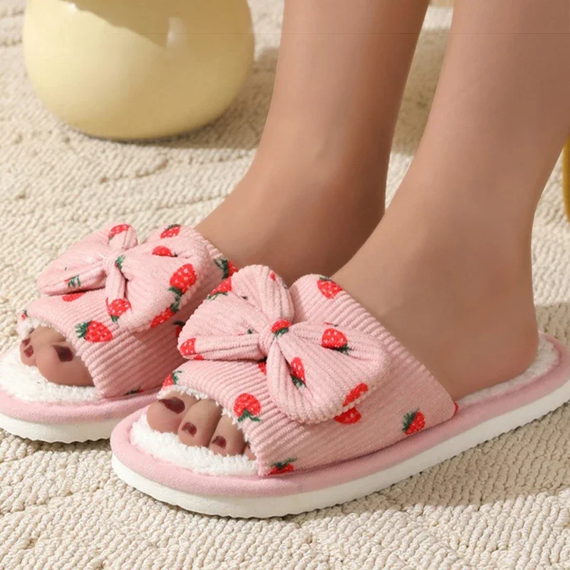 

pink Strawberry fur Slippers for Women winter 2025 Flat heel short Plush Warm indoor Shoes Woman Non Slip bedroom slides plus 43