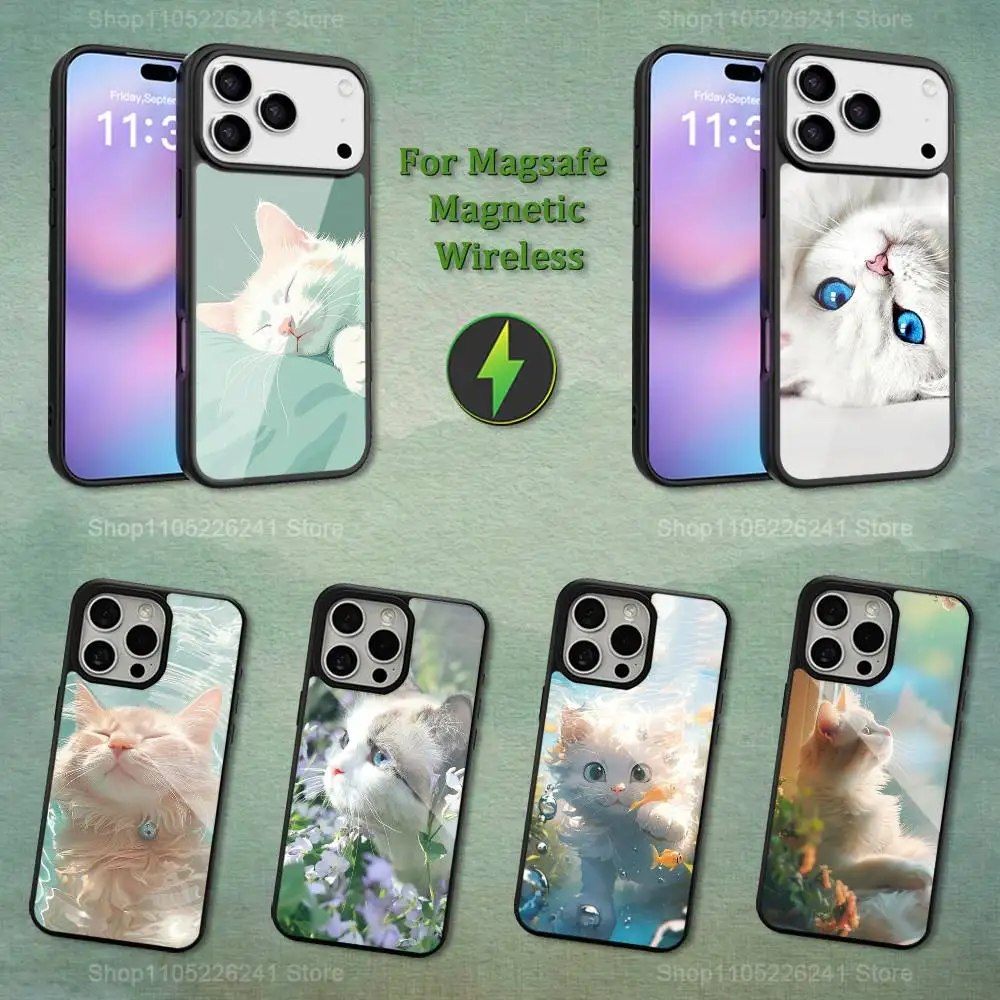 

Cute White Cats For iPhone 12,14,11,15,13,16,17,For Magsafe,Plus,Mini, Pro,Max,Magnetic Wireless Charging Case