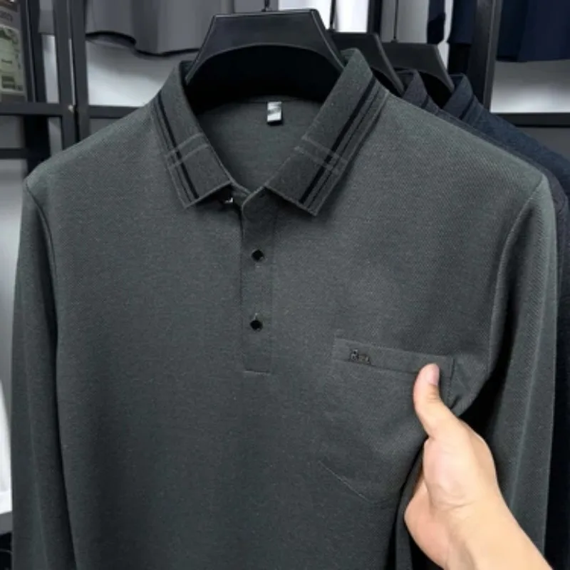 Men Long Sleeve Polo Shirt Lapel With Pocket Casual Loose Plus Size Dad Autumn Tops