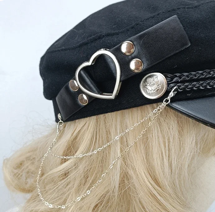 Popular Female Beret Hat Felt Octagonal Hat with Love-Heart Belt Y2K Women Hat Girls Gothic Lolita-Style Cool Cap