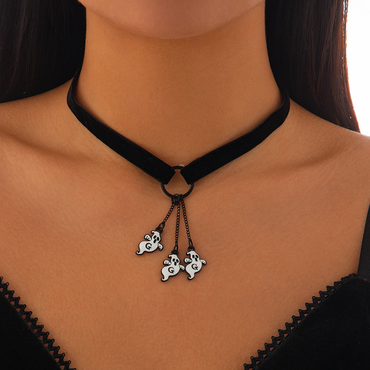 Choker Necklace Crescent Moon Pumpkin Ghost Pendant Halloween Gothic Sweet Edgy Party Jewelry Women Black Metal Alloy