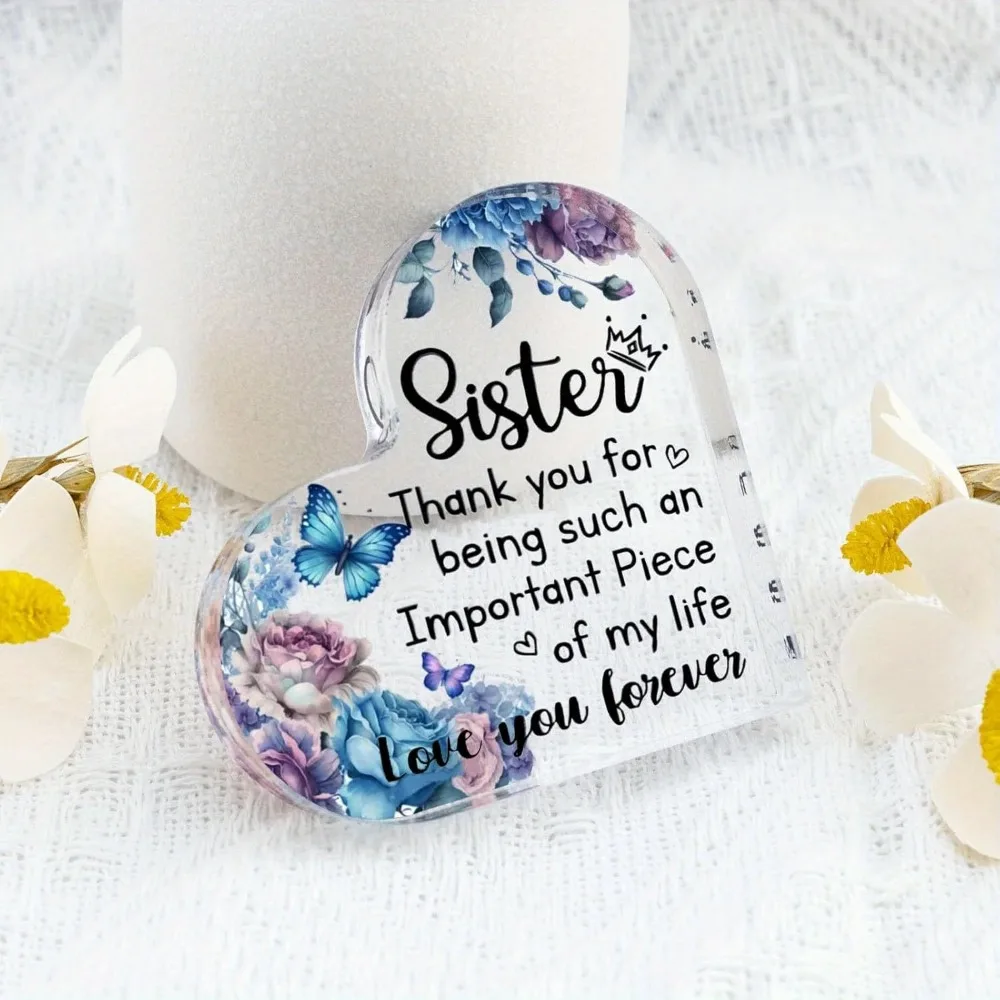 CIFBUY Acrylic Heart Sister Sign Durable 2D Butterfly Memorial Gift for Women Best Friend Christmas Home Office Desk Decor