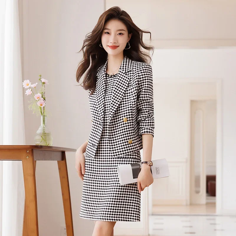 Conjunto de Traje a cuadros para mujer, Blazer + vestido de graduación, ropa de trabajo de negocios para mujer, esmoquin de boda, abrigo elegante informal Formal, Primavera