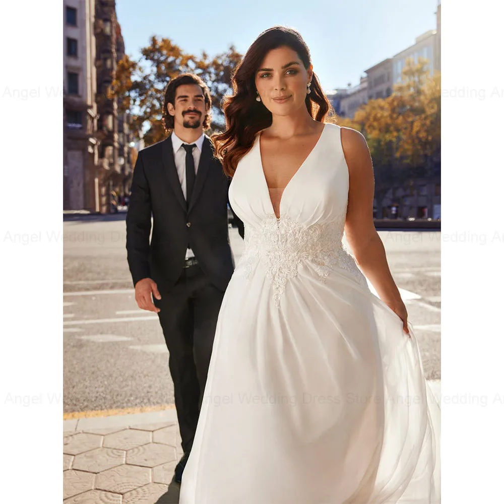 

ANGEL Свадебные платья больших размеров по индивидуальному заказу, 2025 шифоновые трапециевидные платья с v-образным вырезом, элегантные длинные свадебные платья, кружевные аппликации, Vestidos de Novia