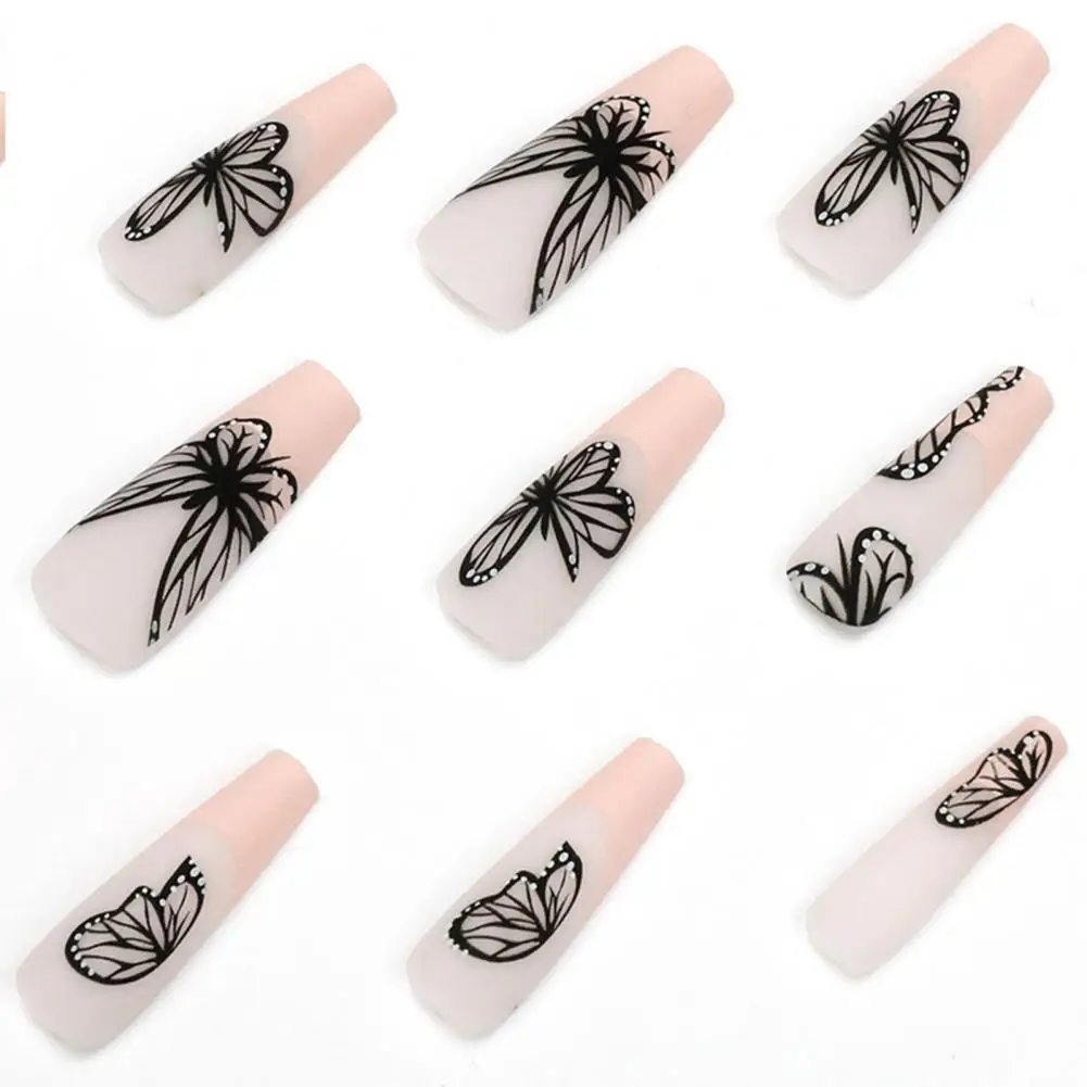 Women Fake Nails Fluttering Beauty 24pcs Long Black Butterfly Print Press-on Nails with Glue for Women Girls Full for Salon