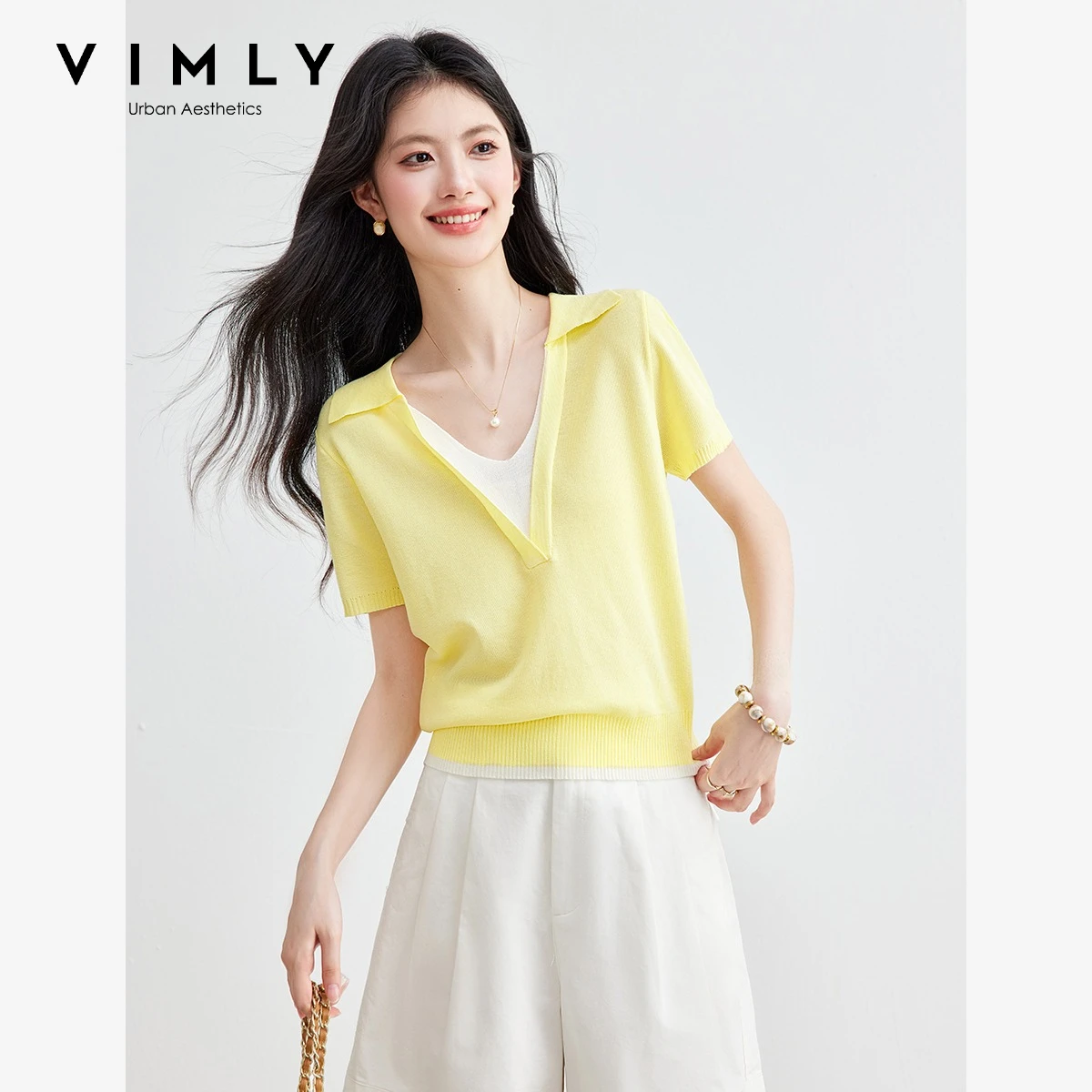 VIMLY Women's Summe Fake Two-piece Yellow Knitted T-shirt 2026 New Contrasting Color Design Commuter Casual Top 75390