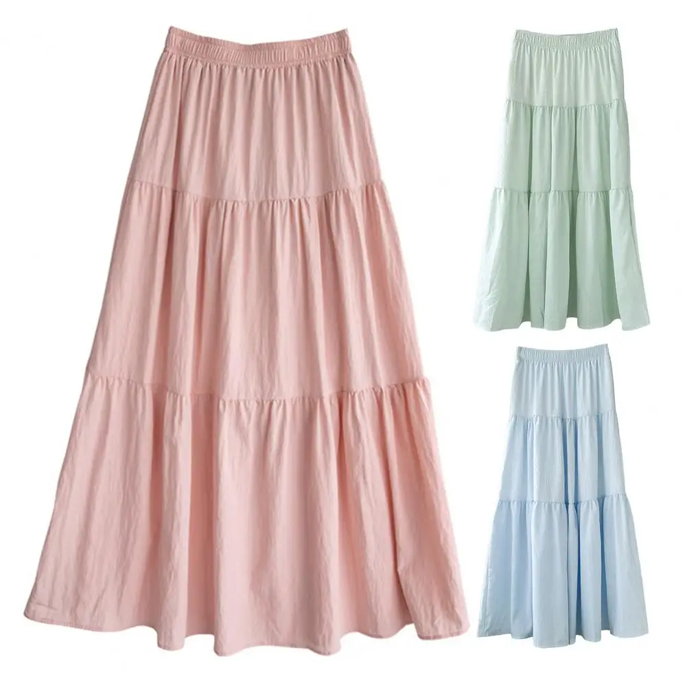 Saia maxi elástica de cintura alta elegante saia maxi feminina com cintura alta elástica plissado costura linha a design sólido para o verão