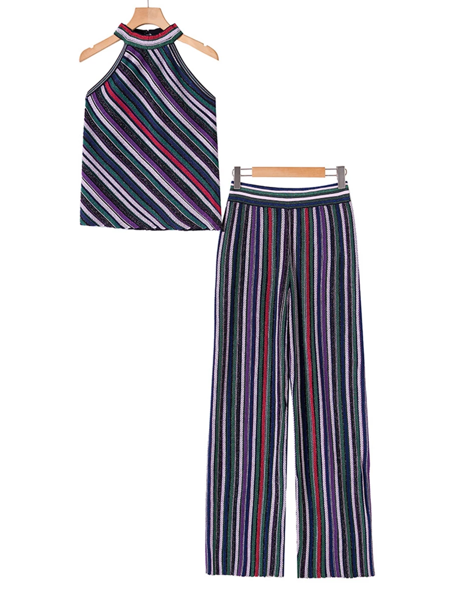 VGH Chic Two Piece Set for Women Halter Neck Striped Knit Sleeveless Top Wide Leg Pants for Party Leisure Daily Travel Outfit