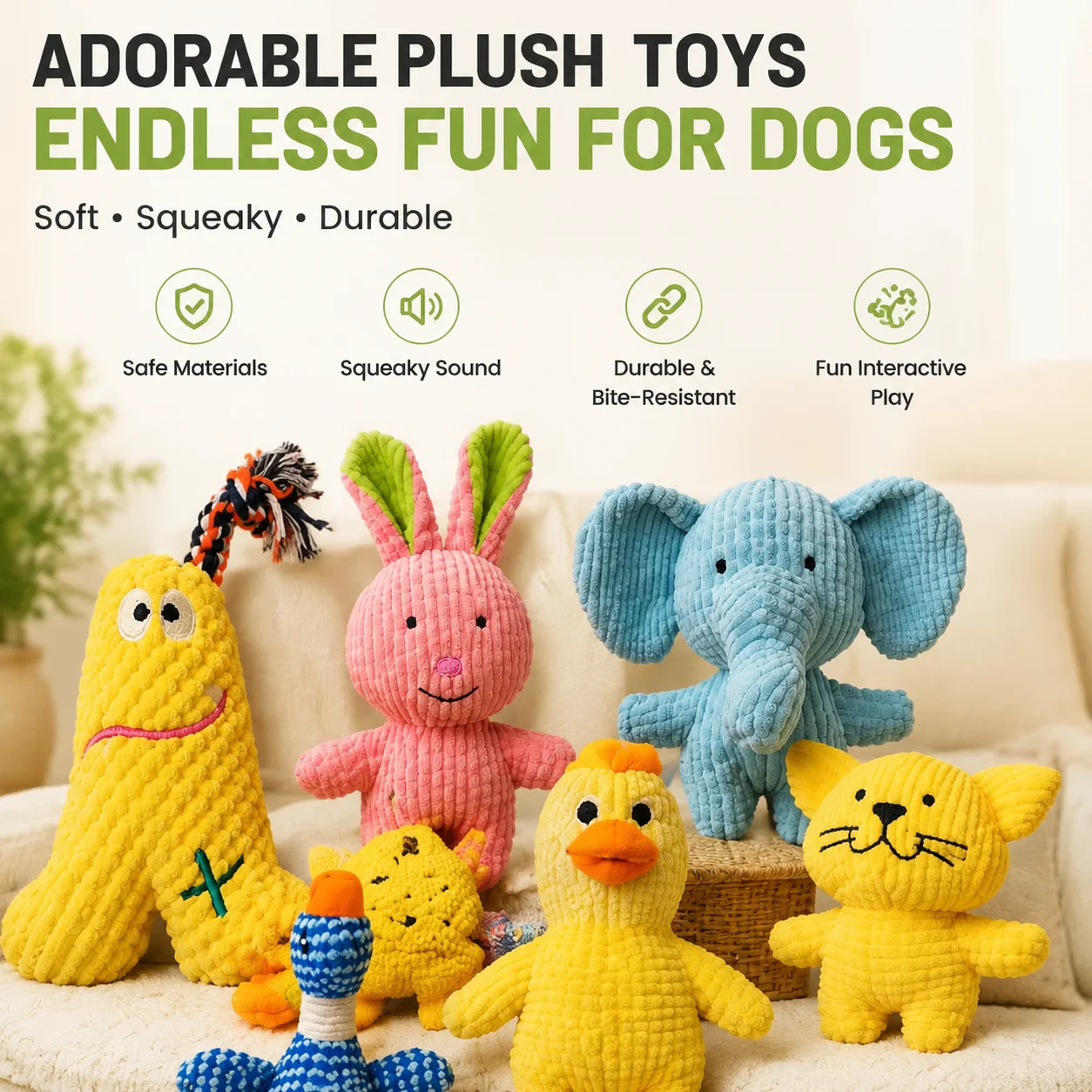 Cute Elephant Plush Dog Toy Soft Durable Corduroy Fabric Squeaky Toy Interactive Training Toy Gift for Dogs Puppies