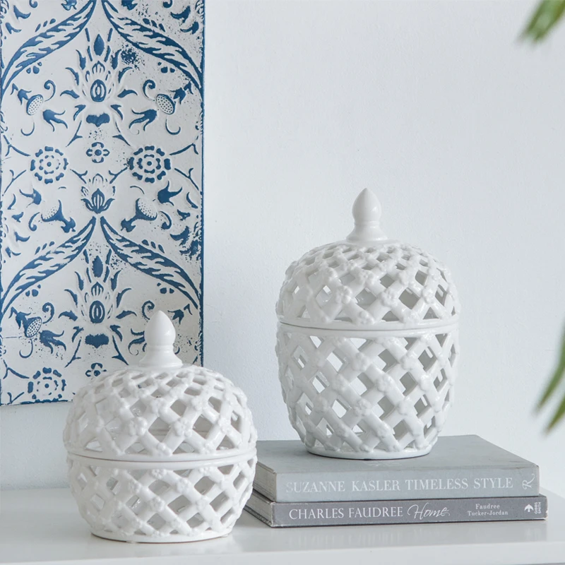 

European-style White Porcelain Hollow Jar Flower Arrangement Vase Crafts Ceramic General Pot Special-shaped Hollow Enamel Jar