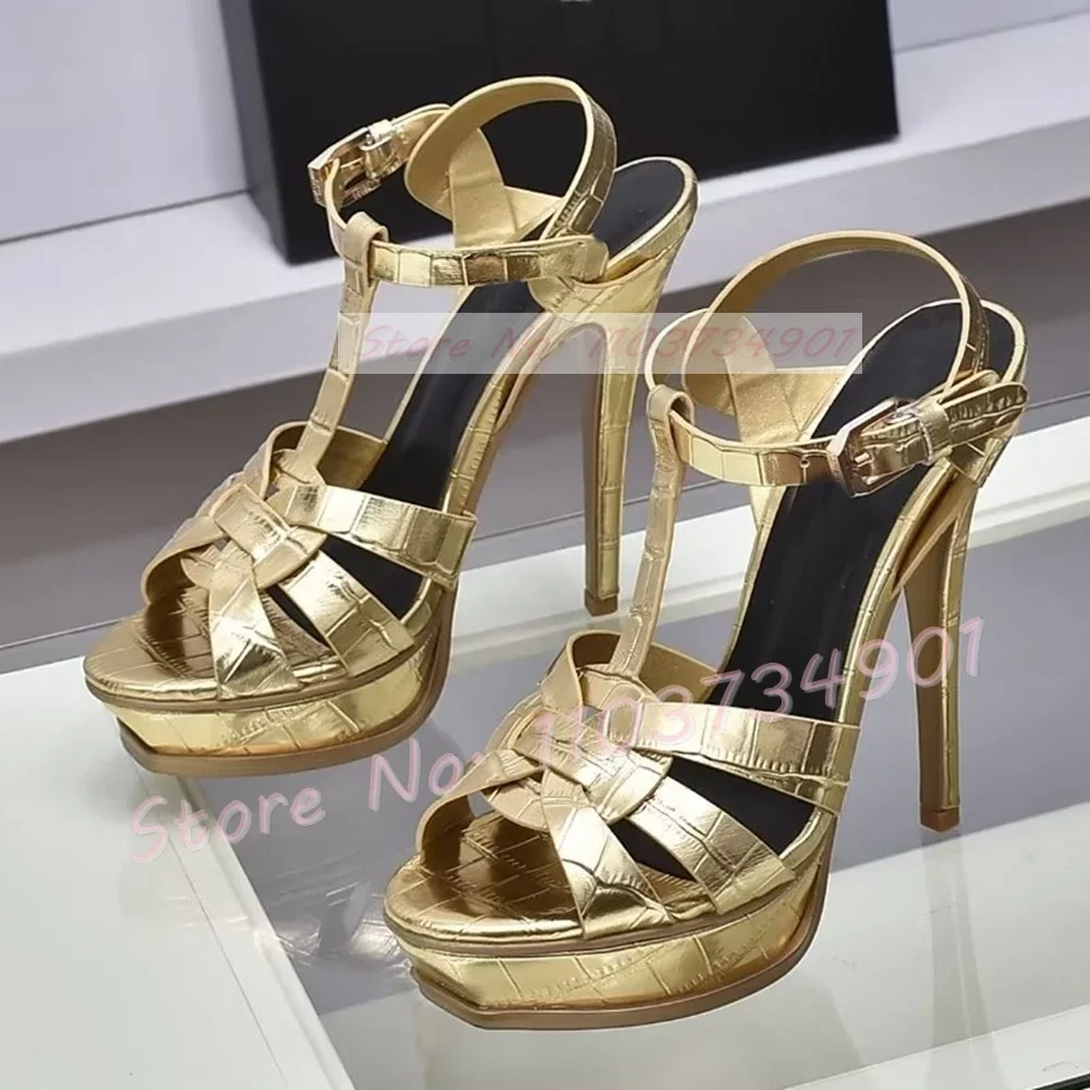 Platform Shiny Leather Cage Sandals Women Open Toe Ankle Strap High Heels Sandals Lady Stone pattern Sexy Elegant Luxury Shoes
