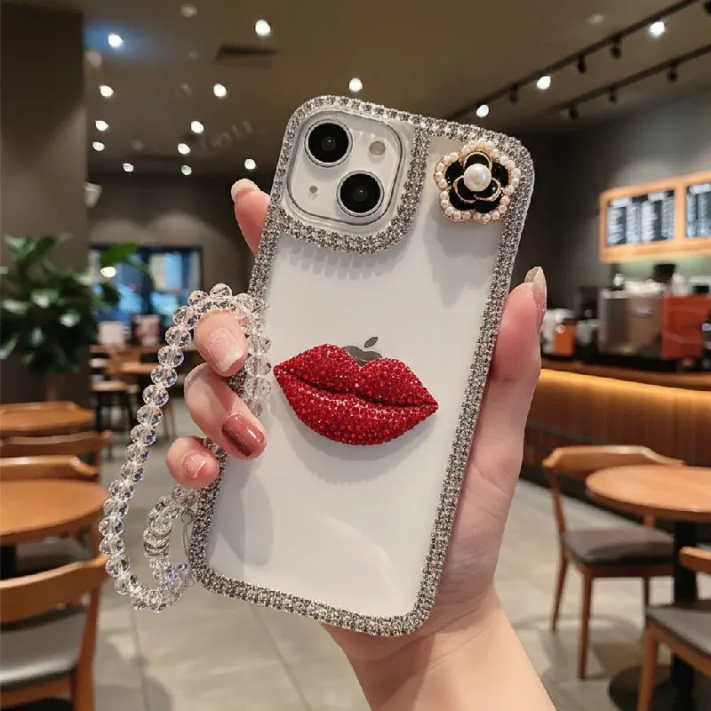 Glitter Lipstick Kiss Pearl Camellia Phone Case For Xiaomi Mi 12 Lite NE 11T Pro 13Ultra 11Lite 5G NE 14T Pro 3D Luxurious Cover