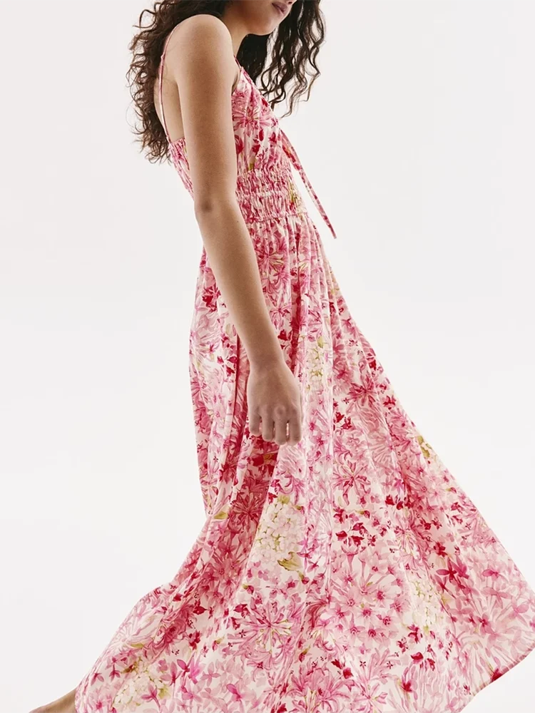 ファッショナブルなカジュアル花柄ノースリーブレディースドレスハイウエスト A ラインミディスカート V ネック夏新着 ZA2025