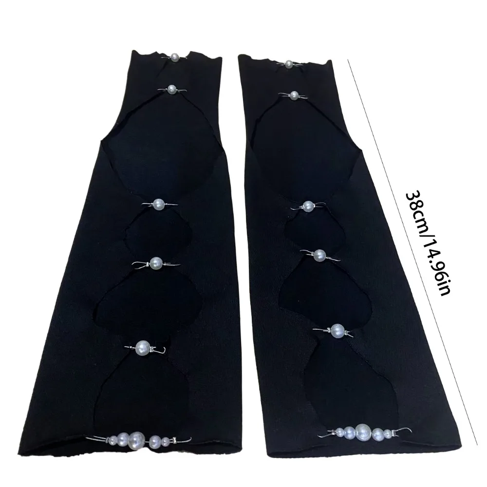 Fashion Cool Black Punk Arm Sleeves Thin Springy Pearl Half Finger Arm Cover Leg Socks Y2K Hollowed Calf Sleeve Girls