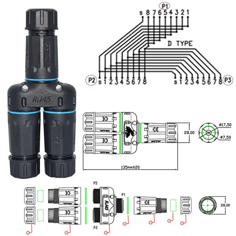 1/2 3-Way RJ45 3 Female Head IP68 Waterproof RJ45 8P8C CAT6 Gigabit Ethernet Cable Connector 1 In 2 Out Splitter