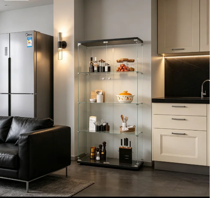 Vitrina de cristal con iluminación LED, moderna vitrina de cristal con pared trasera de espejo, ideal para exhibir objetos de colección, libros y vinos. Incluye 4 estantes de cristal y 2 puertas con cerradura.