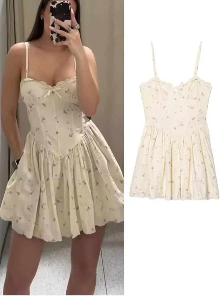

Floral Printed Strap Mini Dress Women 2025 New Summer Elegant Slim Pleated Sqaure Collar Dresses Chic Sweet Holiday Patry Dress