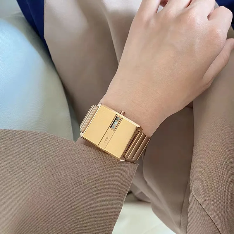 V&G Luxury Watch for Women Gold Quartz Watches Unusual Rectangle Square Stainless Steel Reloj Clock Ladies Original Wristwatch