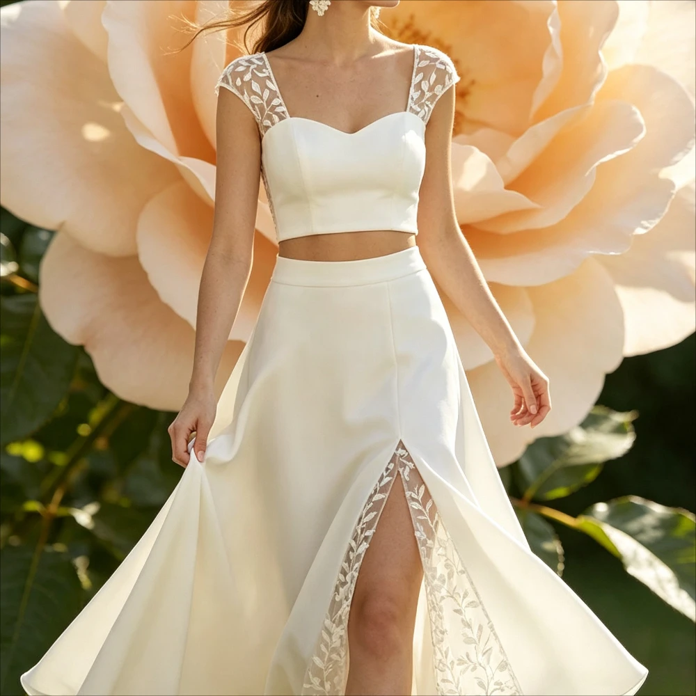 Customized Sweetheart Cap Sleeve Two Piece Mermaid Wedding Dress Leaf Lace Panel High Slit Minimalist Bohemian Bridal Gown