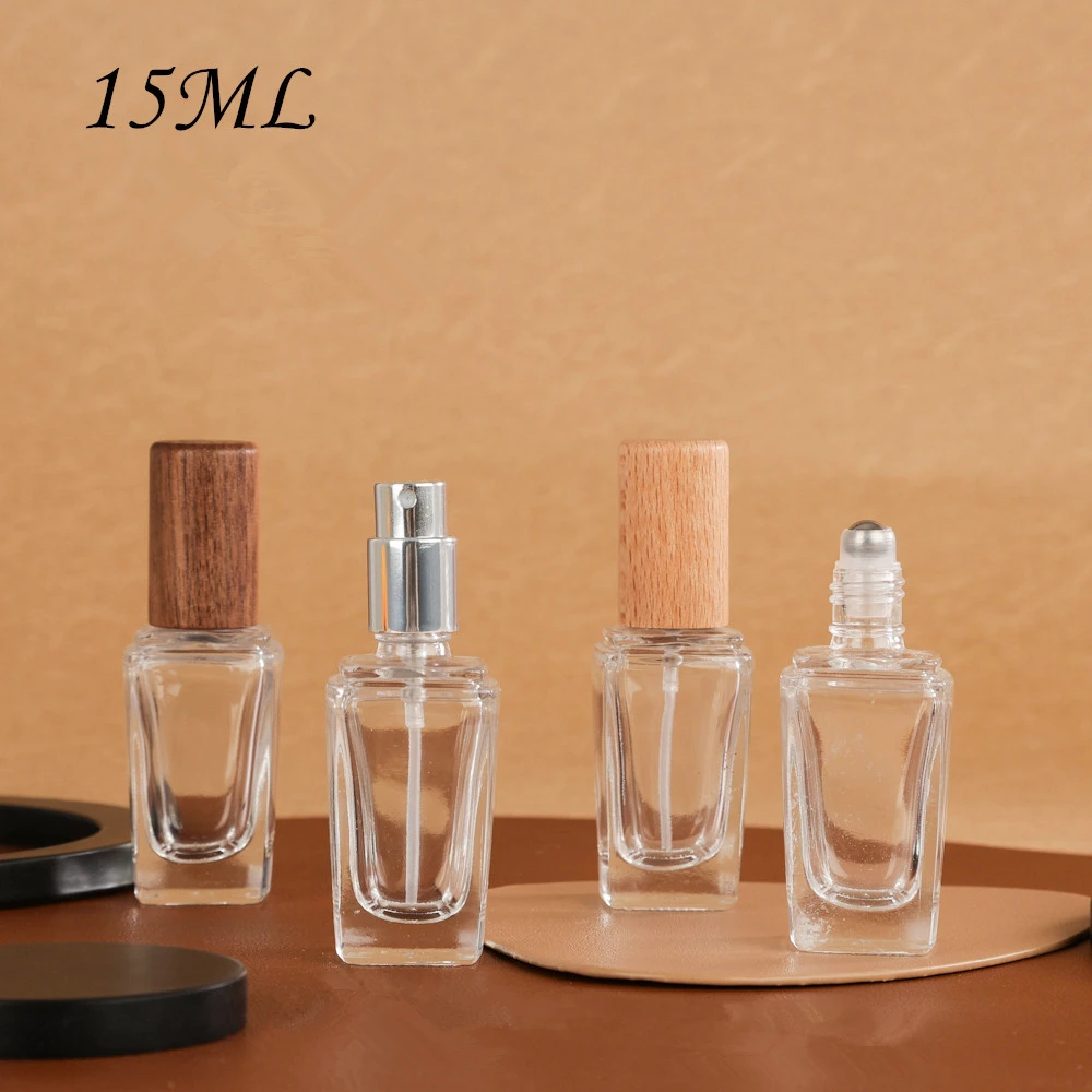 50pcs 15ML Portable Travel Transparent Perfume Atomizer And Roll Ball Bottle Empty Glass Refillable Container Wooden Lid