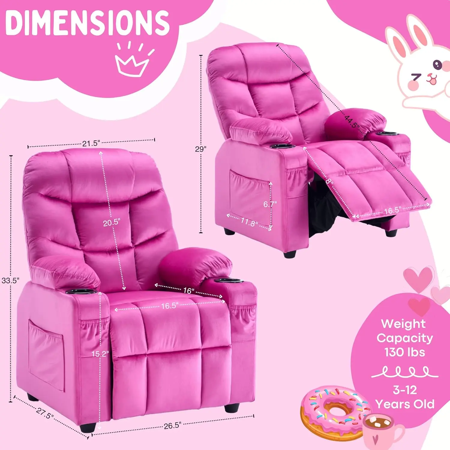 Sedia reclinabile Donut per bambini con portabicchieri e tasche, velluto, dai 3 ai 12 anni