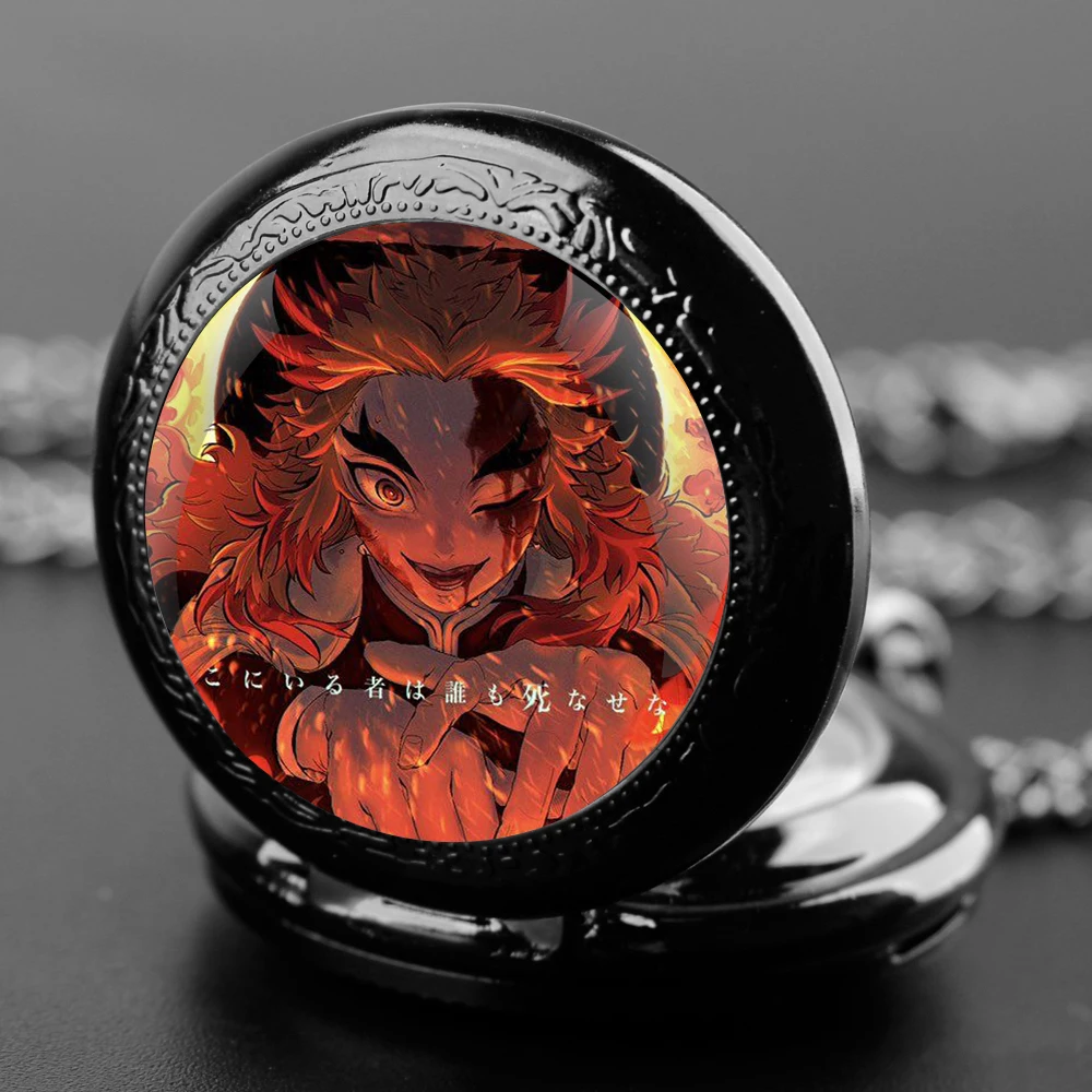 Rengoku Kyoujurou Design Glass Dome Quartz Pocket Watch With Durable Chain Arabic Numeral Dial For Men And Women Creative Gifts