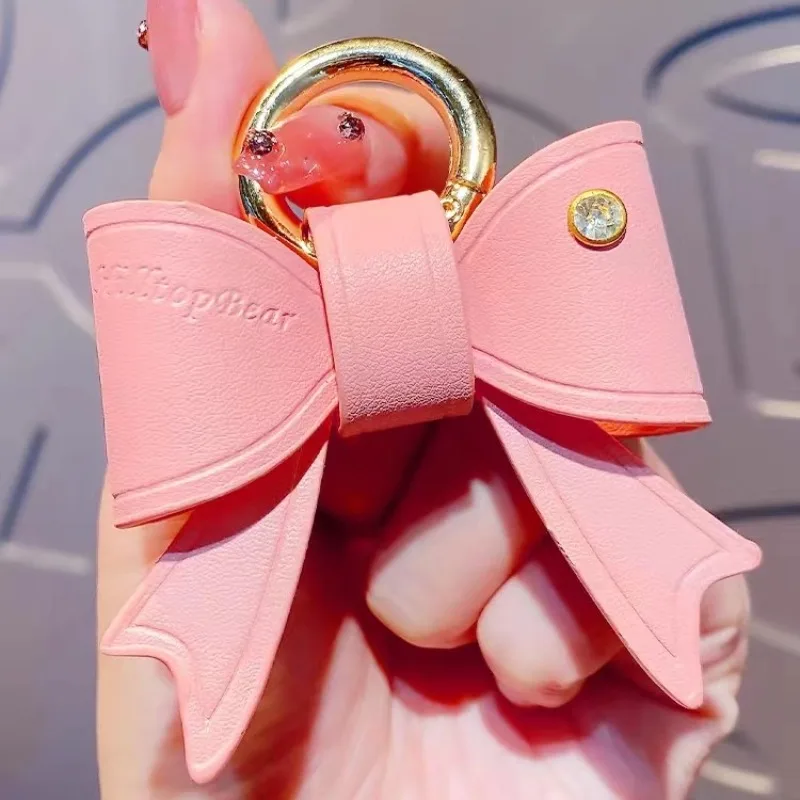 Lovely Pink Bowknot Keyring Pendant 3 Styles Bow Car Keychain Accessories Soft Blue Leather Key Chains for Women Fashion Jewelry