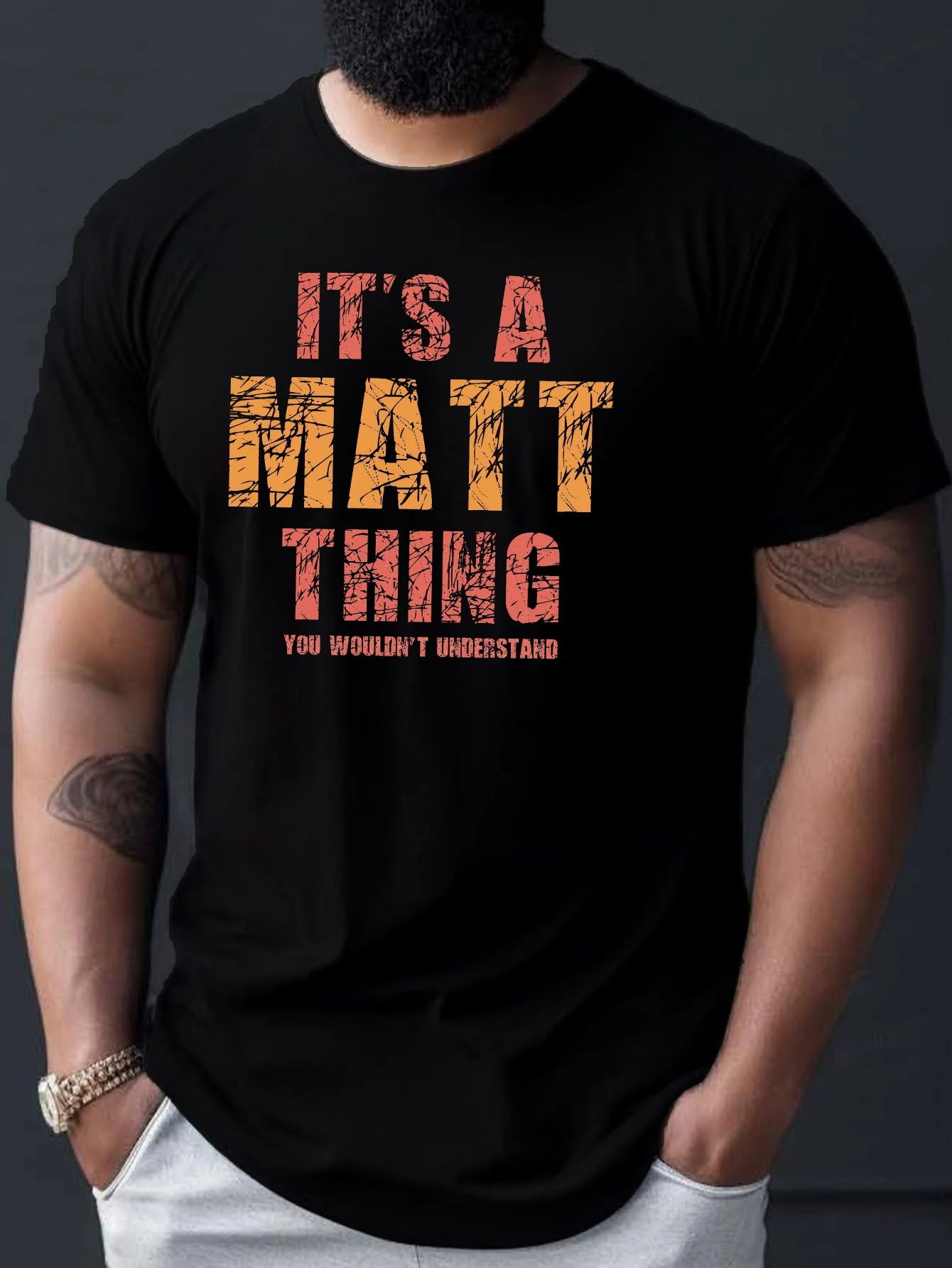 

Plus Size Men's Summer T-Shirt, Fun A MATT Thing Printed Short Sleeve T-Shirt Trendy Casual Top