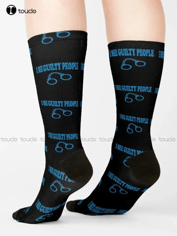 I See Guilty People Corrections Officer Funny Humor Handcuff Socks Women Crew Socks Street Skateboard Socks Custom Gift Funny