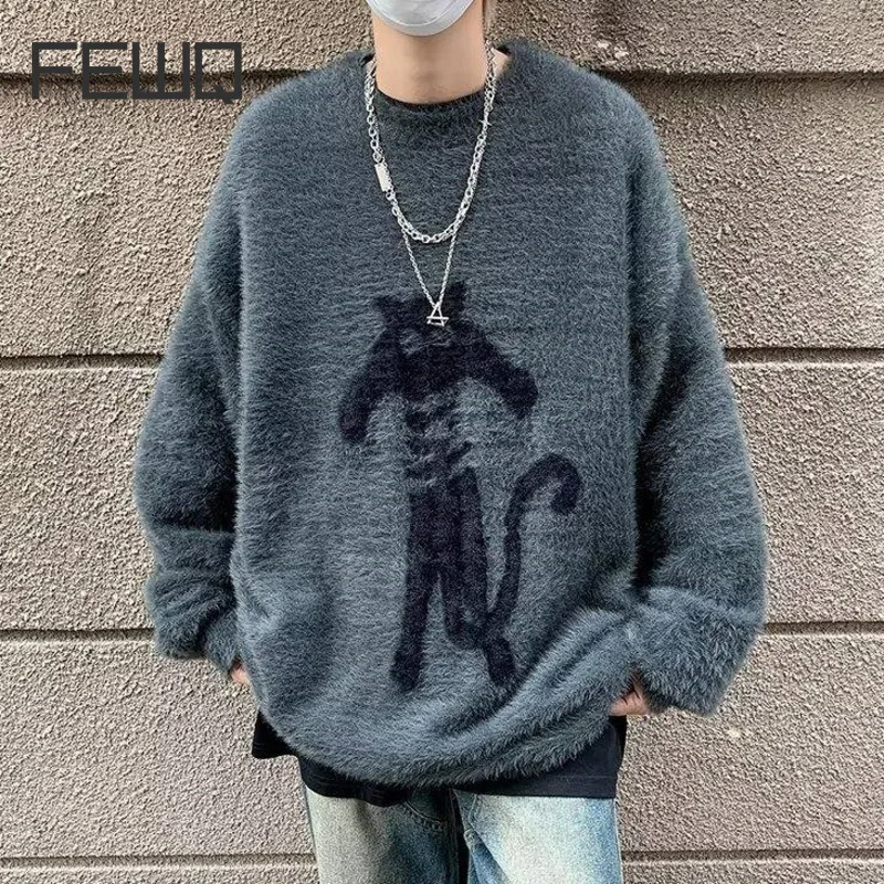 FEWQ New Fashion Men's Sweaters Casual Printing Round Collar Contrast Color Loose Male Clothing Korean Style Menwear 24E2298