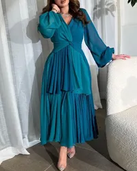 V Neck Elegant Prom Dresses Long Sleeves Ruffle Ankle Pleated Ruched Length Evening Dress 2023 Saudi Arabia Women's Formal