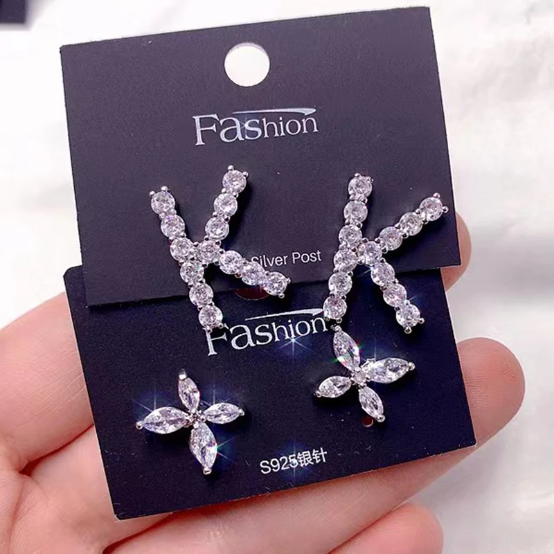 10/20Pairs/Lot Mixed Style 925 Silver Needle Zircon Inlay Copper Women\'s Earrings Korean Version Fashion Elegant Earring Jewelry