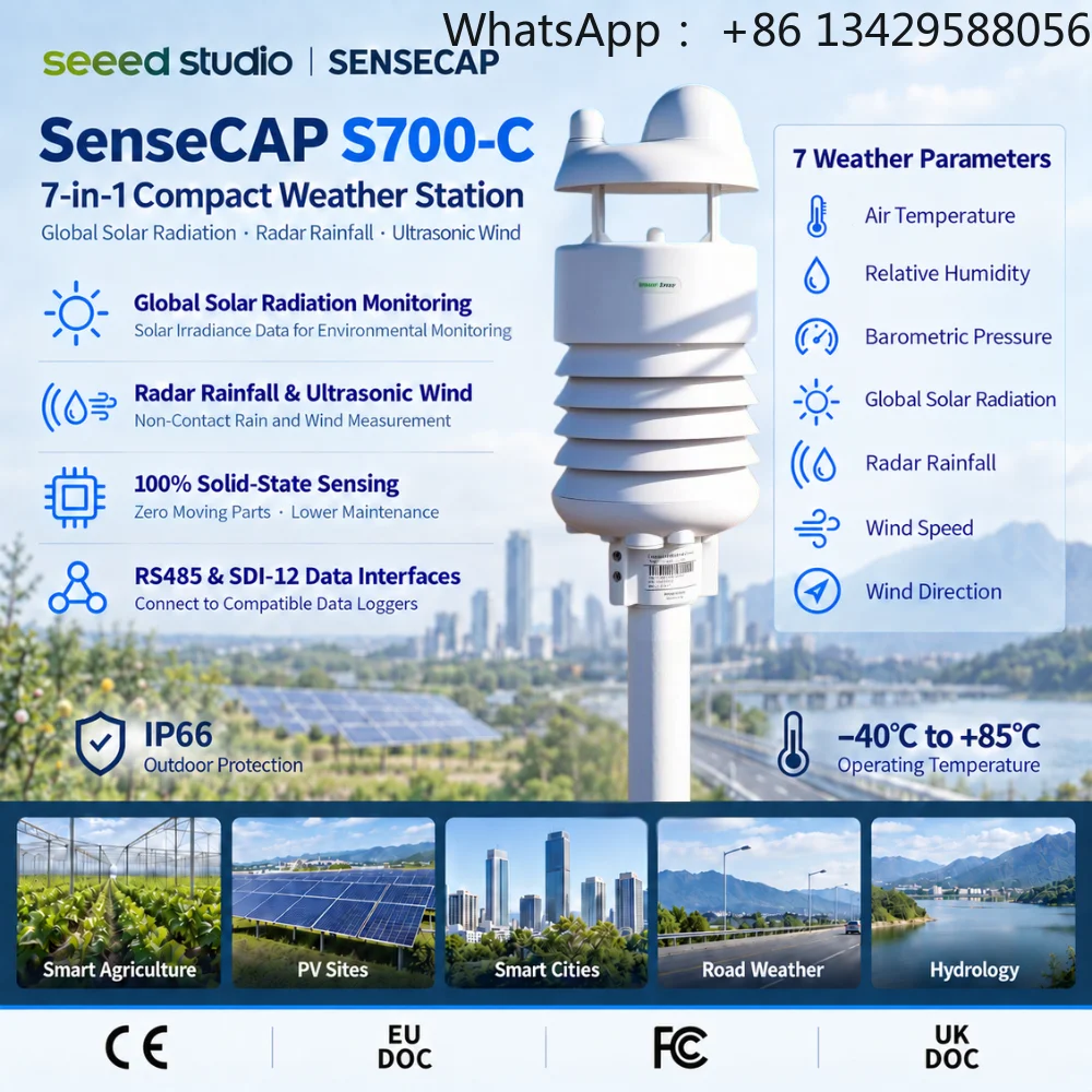 SenseCAP S700-C 7-in-1 IP66 RS485 SDI-12 Compact Weather Station with Solar Radiation Radar Rainfall Ultrasonic Wind and Heating