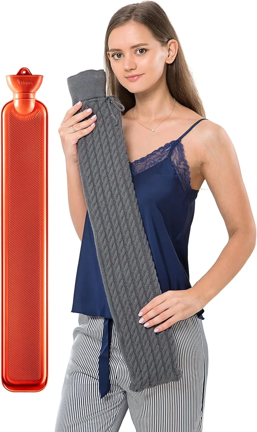 

Long Hot Water Bottle with Gray Cable Knit Cover, Natural Rubber, Pain Relief for Neck and Back, BPA & Phthalate Free