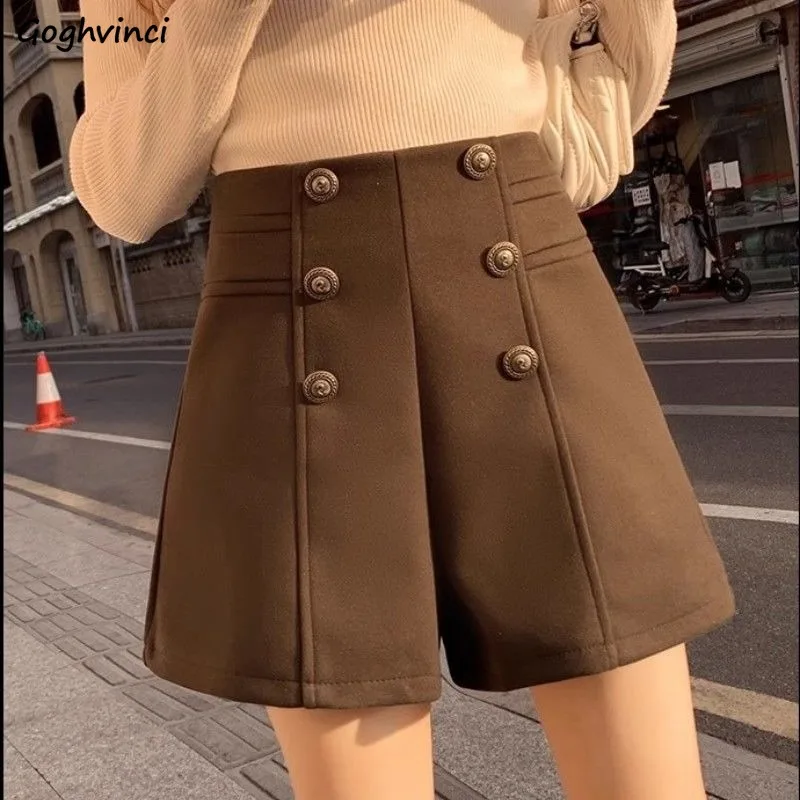 High Waist Wide Leg Casual Shorts Women Autumn Winter Solid A-line Trousers All-match Fashion Buttons Skin-friendly Warm Simple