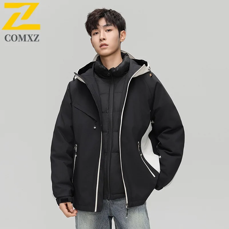 COMXZ Winter Men Down Jacket Classic Hooded White Duck Down Warm Windproof Coat Fashion Commute Office Lightweight Parka 2025