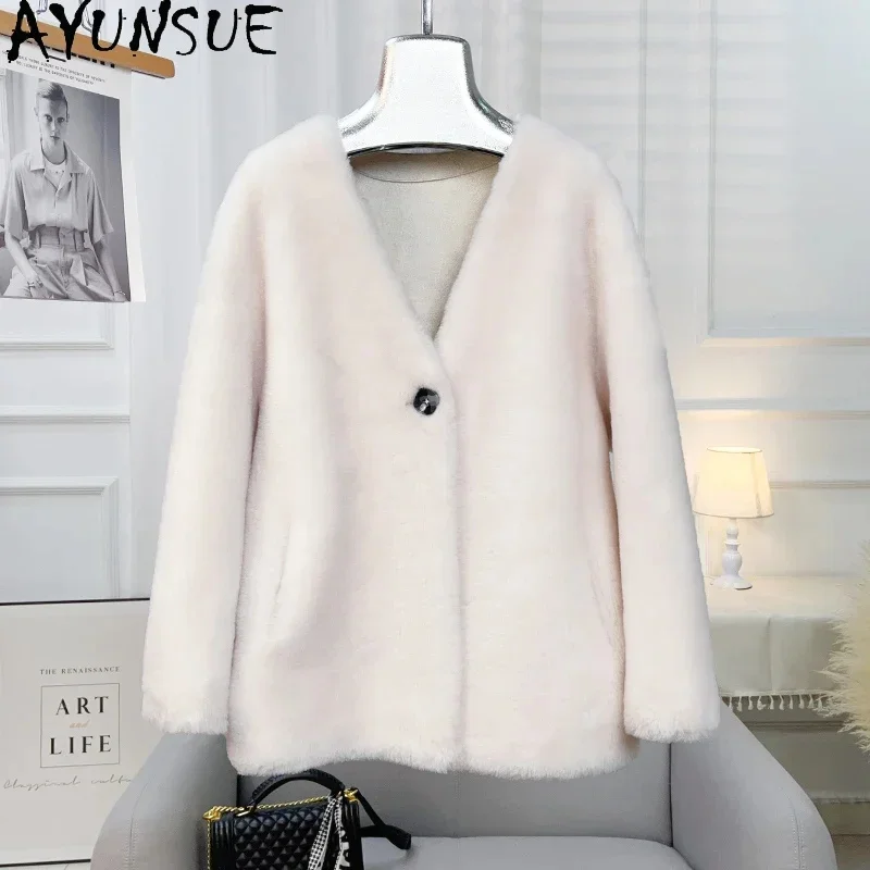 Granular AYUNSUE Sheep Shearing Jackets for Women 2024 Autumn Winter V-neck 100% Wool Coat Mid-length Fur Coats Chaqueta Mujer