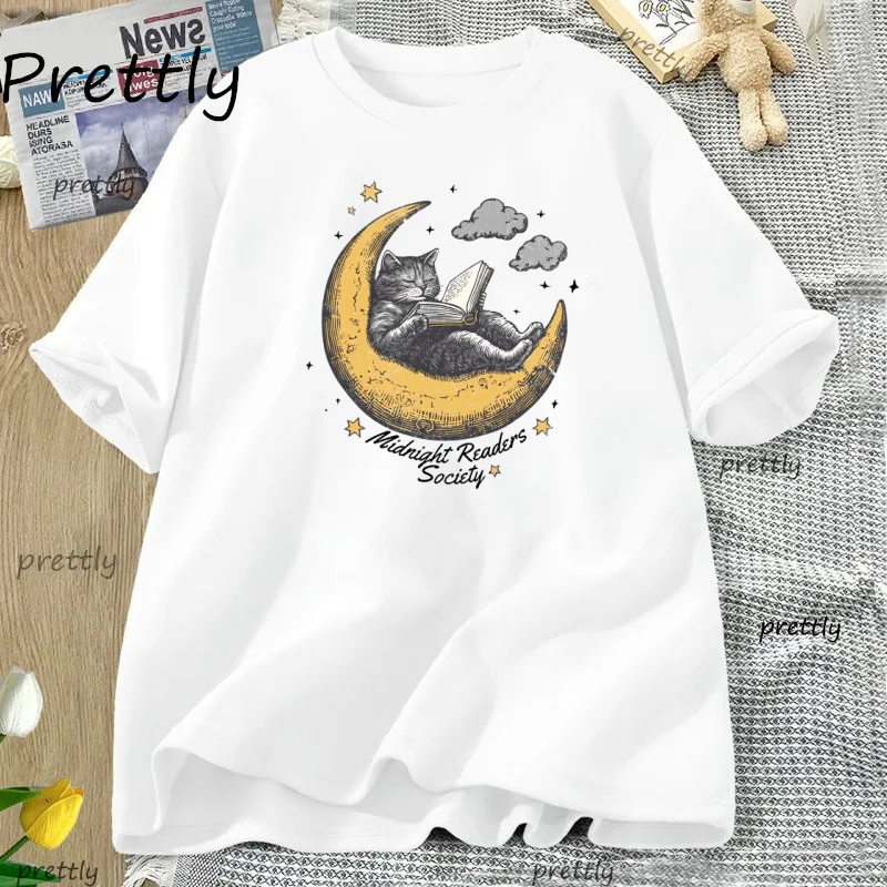 Midnight Readers Society Cat T Shirt Comfort Book Lovers Tshirt Cute Literary Tee Bookish Tee-Shirt Casual Cotton Short Sleeve