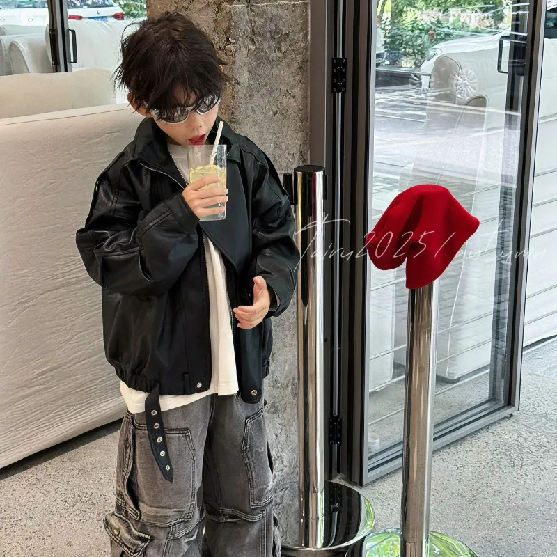 

Boys Coat 2025 Autumn Spring New Arrival Korean Style Fashion Trendy Handsome Cool Loose Fauc Leather Jacket Coat