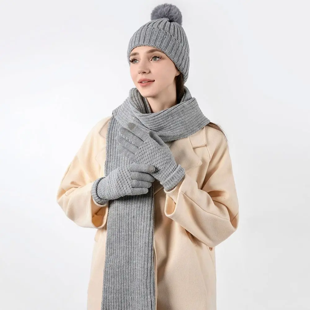 3Pcs/Set Winter Warm Women Hats Scarf Gloves Set Soft Ear Protection Winter Warm Mitten Windproof Beanie Cap Scarf Outdoor