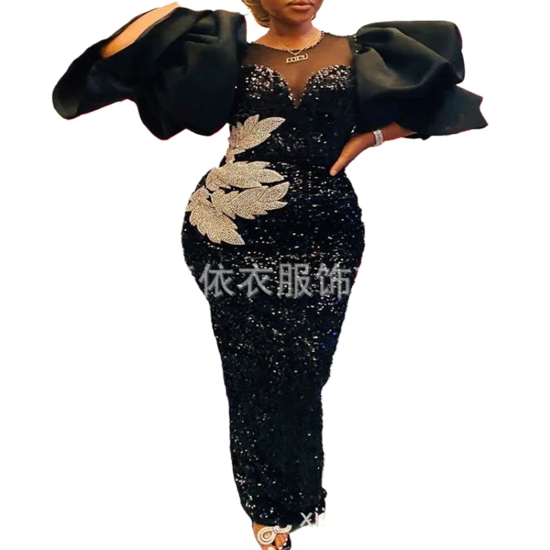 Customized Long Black Dresses Velvet Sequins Embroidered Chest Wrapped Puff Sleeve Dress Classy Ladies Spring Fall Party Celebri