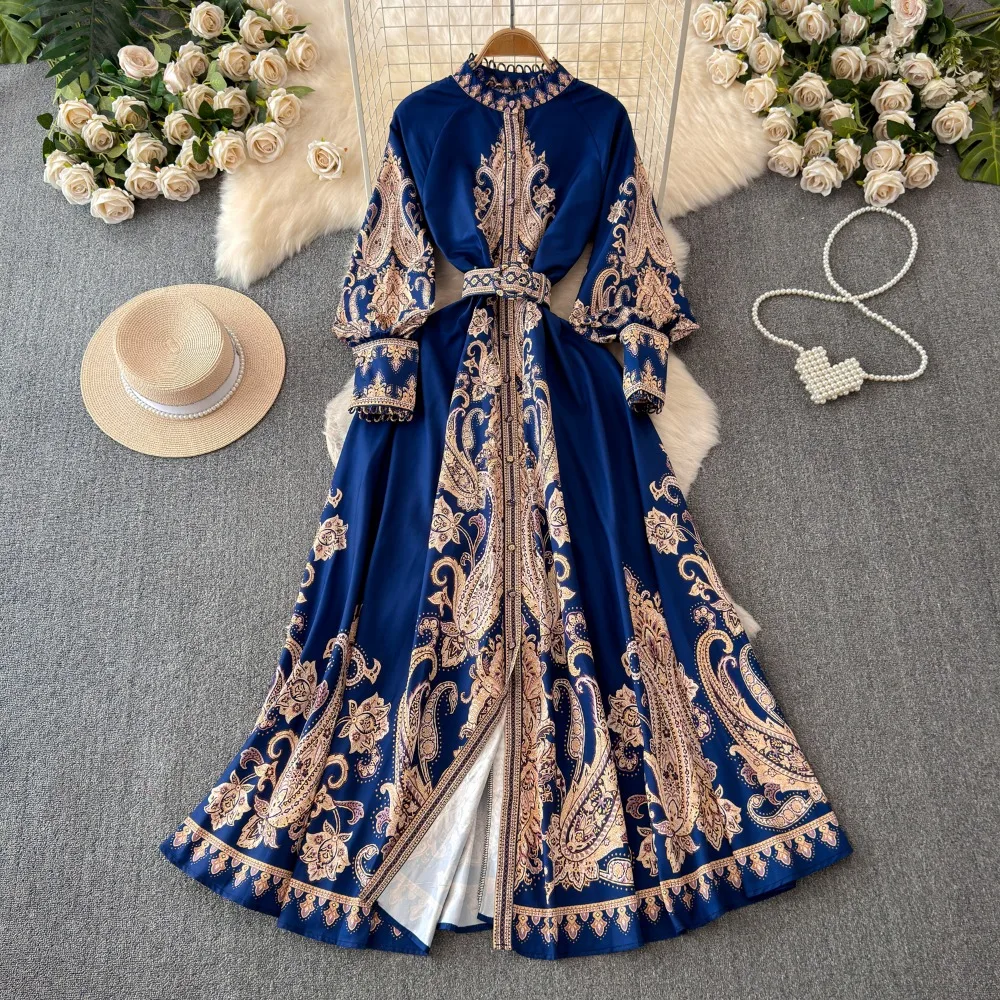 Neploe Elegant Print Stand Collar Lantern Sleeve Mujer Single Breasted Belt Court Dress Mid-length Slim Fit Big Swing New Robe