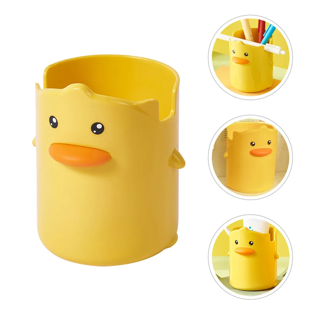 Yellow Duck Desk Pen Holder Cute Cartoon Style Pencil Organizer Makeup Brush Cup Stationery Container Sturdy Crack Resistant
