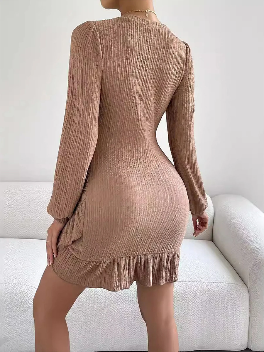 Women Fashion Long Sleeve Knitted Dress Casual Ruffled Hem Ruched Mini Party Dress for Cocktail Club Streetwear