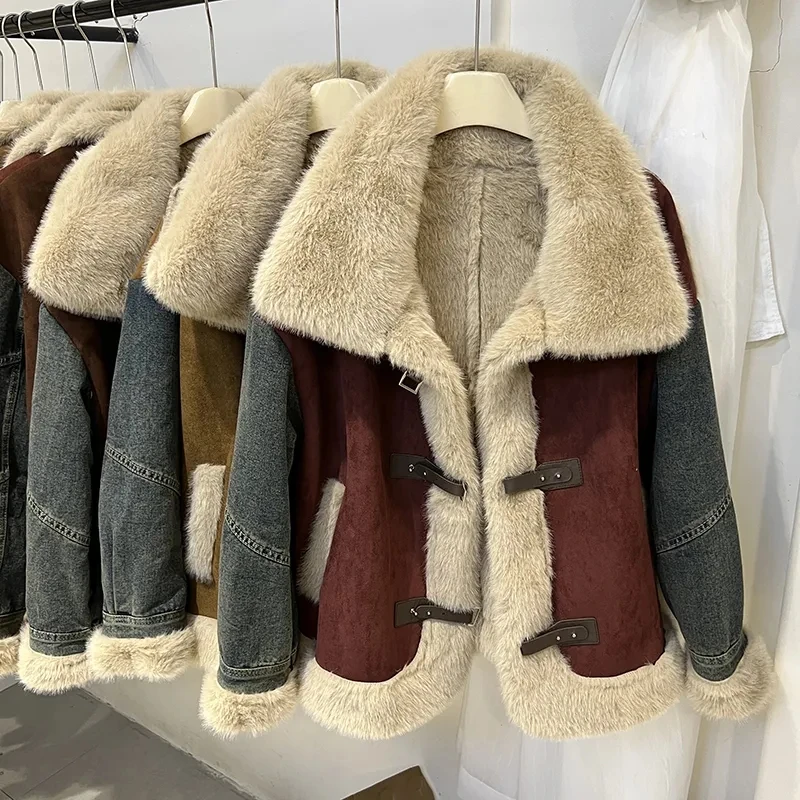 กวางกํามะหยี่ Spliced DENIM แจ็คเก็ตสําหรับสตรีฤดูหนาวใหม่กํามะหยี่ WARM FUR แบบบูรณาการการปิดกั้นสี Outwear ขนสัตว์เทียม Coa