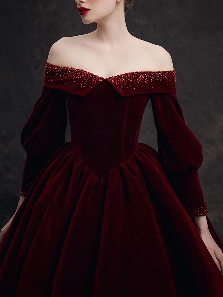 2024 Elegant Burgundy Velvet Beaded Long Ball Gown Evening Gown Prom Dress فساتين سهرة