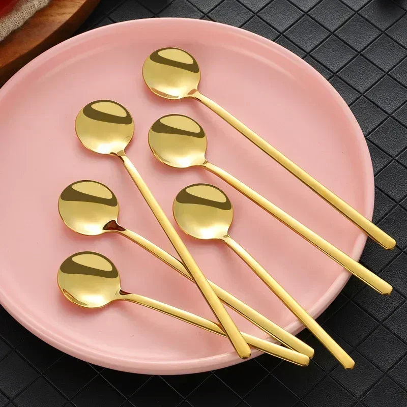 Cute Long Handle Spoons Stainless Steel Golden Coffee Spoon Dessert Ice Cream Spoon Kitchen Food Tableware Dinner Set