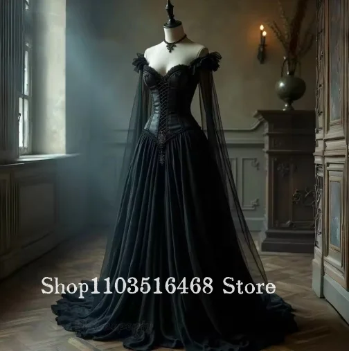 

Vampire Gothic Black Ball Gown Corset Sweetheart Neckline Off the Shoulder A Line Vintage Bridal Gown Classic Customized