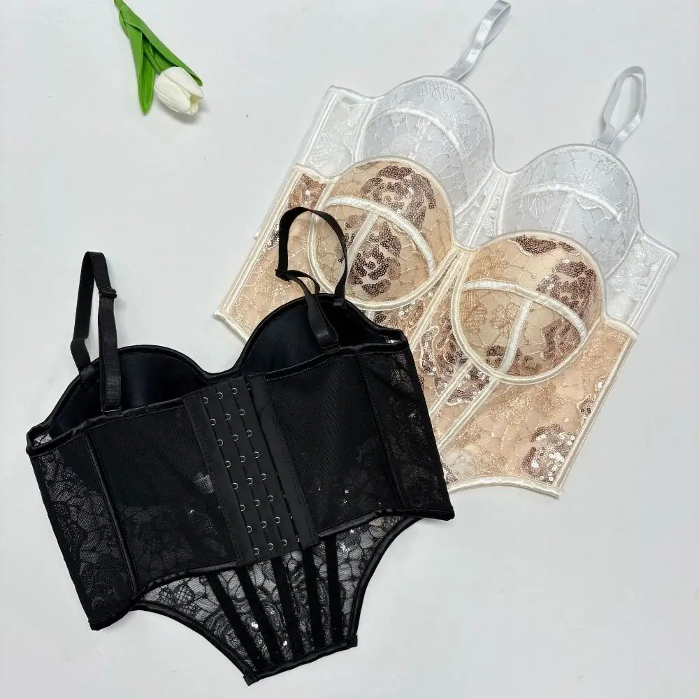 

Модные полые кружевные камзолы с блестками, прозрачные укороченные топы без рукавов, уличная одежда, жилет на подтяжках, дорожный жилет