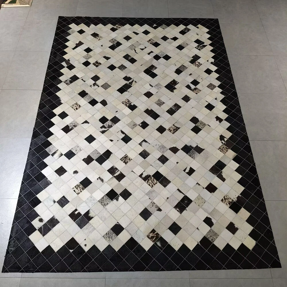 Gradient Black While Color Living Room Carpet Handmade Real Cowhide Large Area Rug Vintage Decor Bedroom Floor Mat Bedside Mat